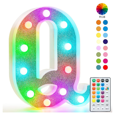 Colorful Light Up Letters, Glitter LED Letter Lights 18 Color Changing Shiny Alphabet Sign Gifts for Girls Women Party Birthday Decorations Remote Night Light Christmas Valentine Wall Table Decor - Q