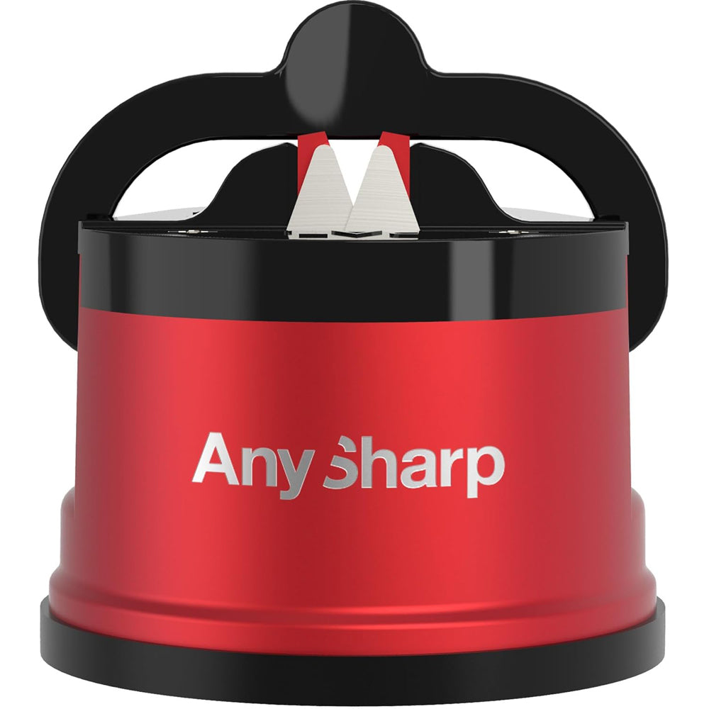 AnySharp Pro Metal Knife Sharpener – Hands-Free PowerGrip Suction | Sharpens All Knives | Hardened Steel & Serrated | Deep Red Finish