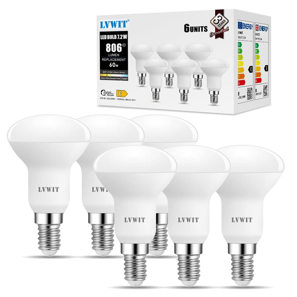 E14 LED Spotlight Bulbs 7.2W R50 Warm White 6 Pack