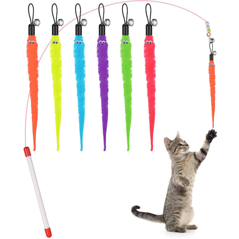 Cat Wand Toy Set with 6 Furry Worm Refills