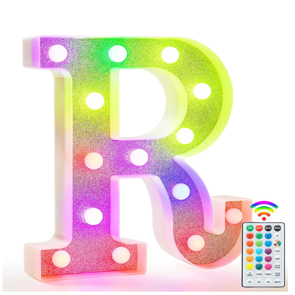 Colorful Light Up Letters, Glitter LED Letter Lights 18 Color Changing Shiny Alphabet Sign Gifts for Girls Women Party Birthday Decorations Remote Night Light Christmas Valentine Wall Table Decor - R