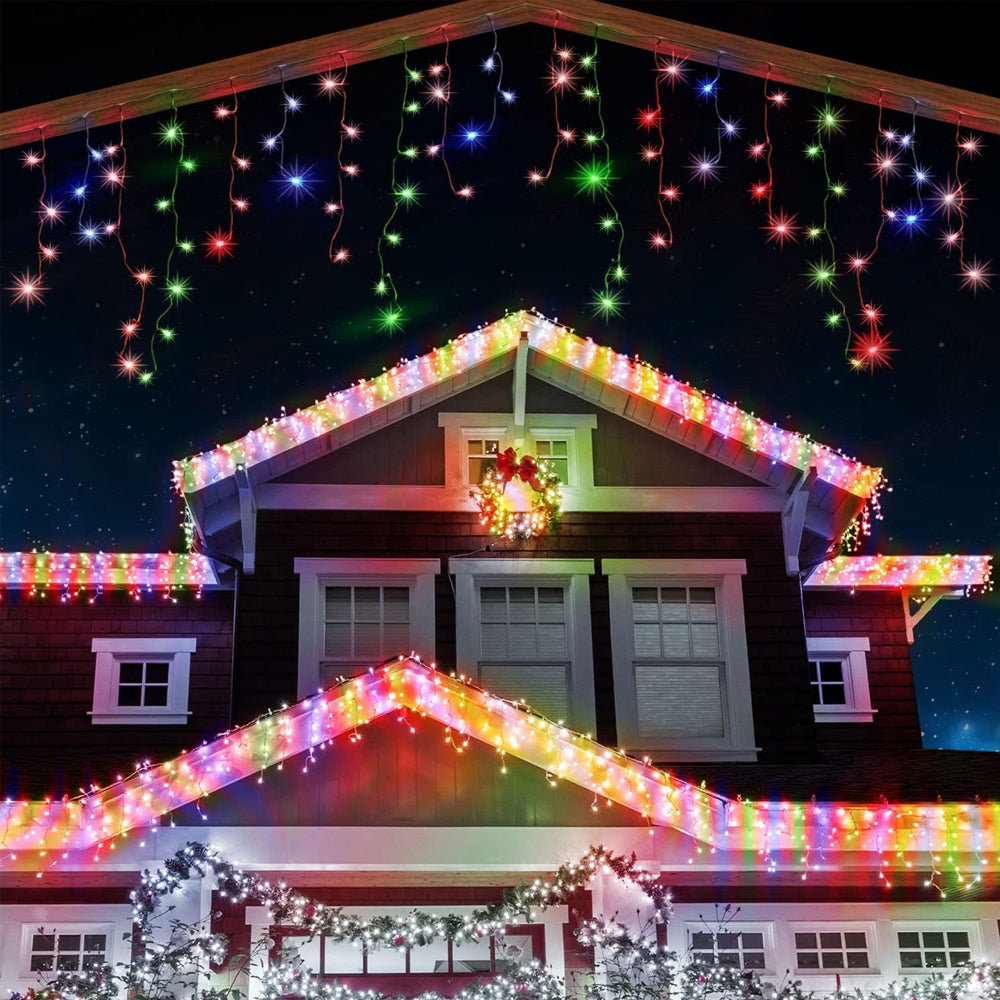 220 LED Multicolour Icicle Christmas Lights – 7.5m Outdoor & Indoor Fairy String Lights with Timer | Mains Powered, Green Cable for Garden, Party & Bedroom Decor