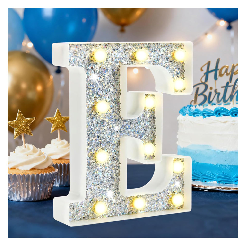 LED Marquee Letter Lights, Light Up Silver Letters for Bedroom Glitter Gifts for Teenage Girls Alphabet Letter Sign Battery Powered Night Light Birthday Party Wedding Home Decoration, Silver Letter E