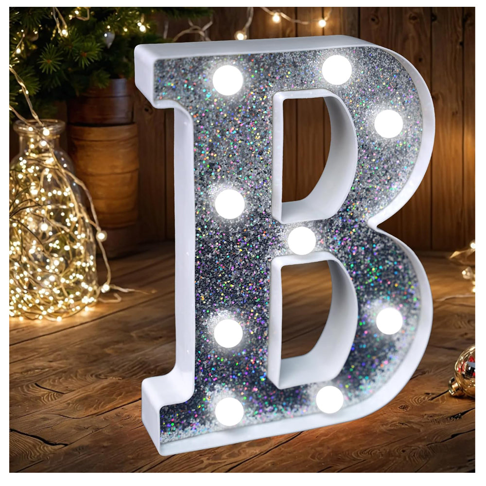 B Style LED Marquee Lamp, Silver Glitter Light Up Letter Sign, Battery Powered Tabletop Decorative Letter Light with On/Off Switch for Wedding, Birthday, Party and Home Decor