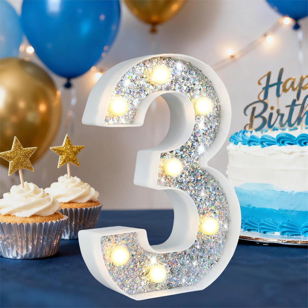 Silver Glitter Light Up Number 3 – 8.86 Inch LED Marquee Lights