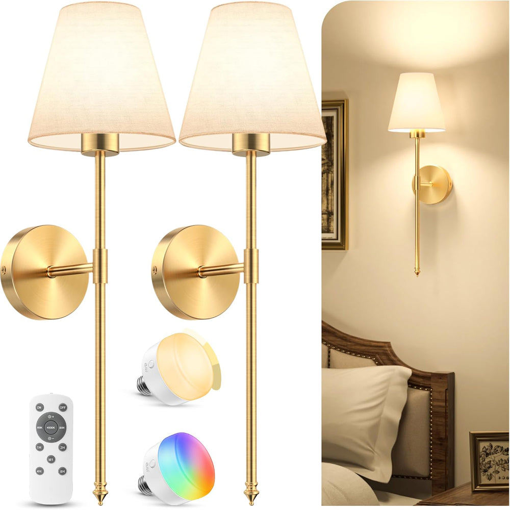 5200mAh Battery Operated Wireless Wall Lights Set of 2, 60CM Rechargeable Wall Lights with Dimmable Detachable Bulbs and Remote, 12-Color Wall Sconce Lighs for Bedroom Living Room Gold