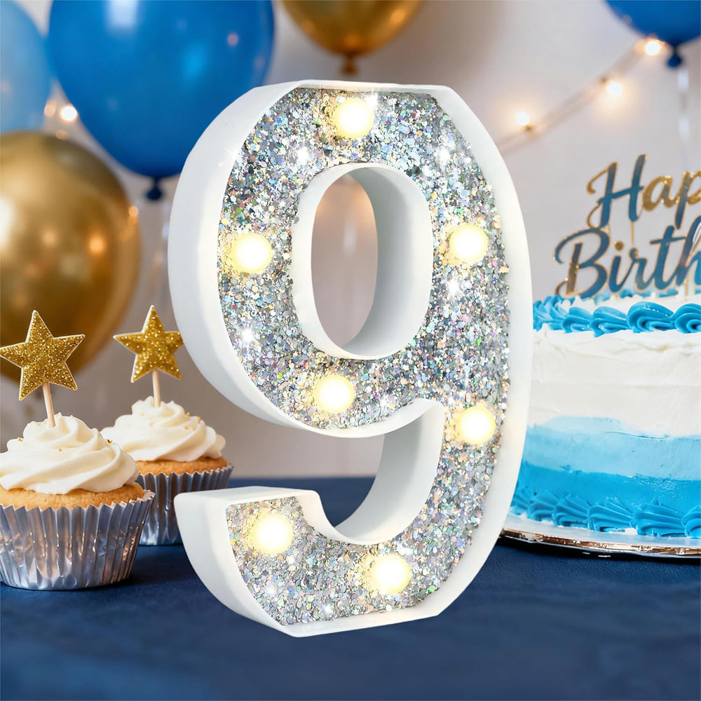 Silver Glitter LED Number Light – 8.86 Inch Marquee Number 9