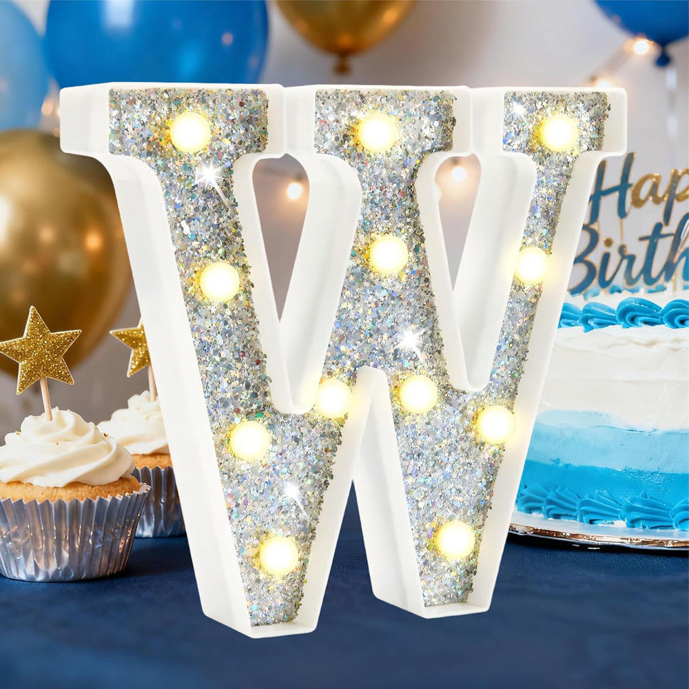 W Style Silver LED Marquee Letter Light, Sparkling Glitter Sequins with Warm White LED, Battery Powered Tabletop or Wall Decorative Lamp for Birthday, Party, Wedding and Home Decor