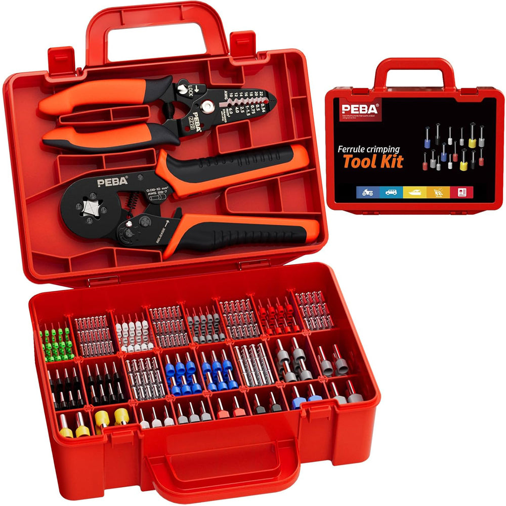 Ferrule Crimping Tool Kit, Square Pliers 0.25-10 mm², 24 Sizes Ferrules & Wire Stripper for Electrical Wiring/DIY Terminals | Self-Adjusting Ratchet Crimper - Copper Ferrule Kit