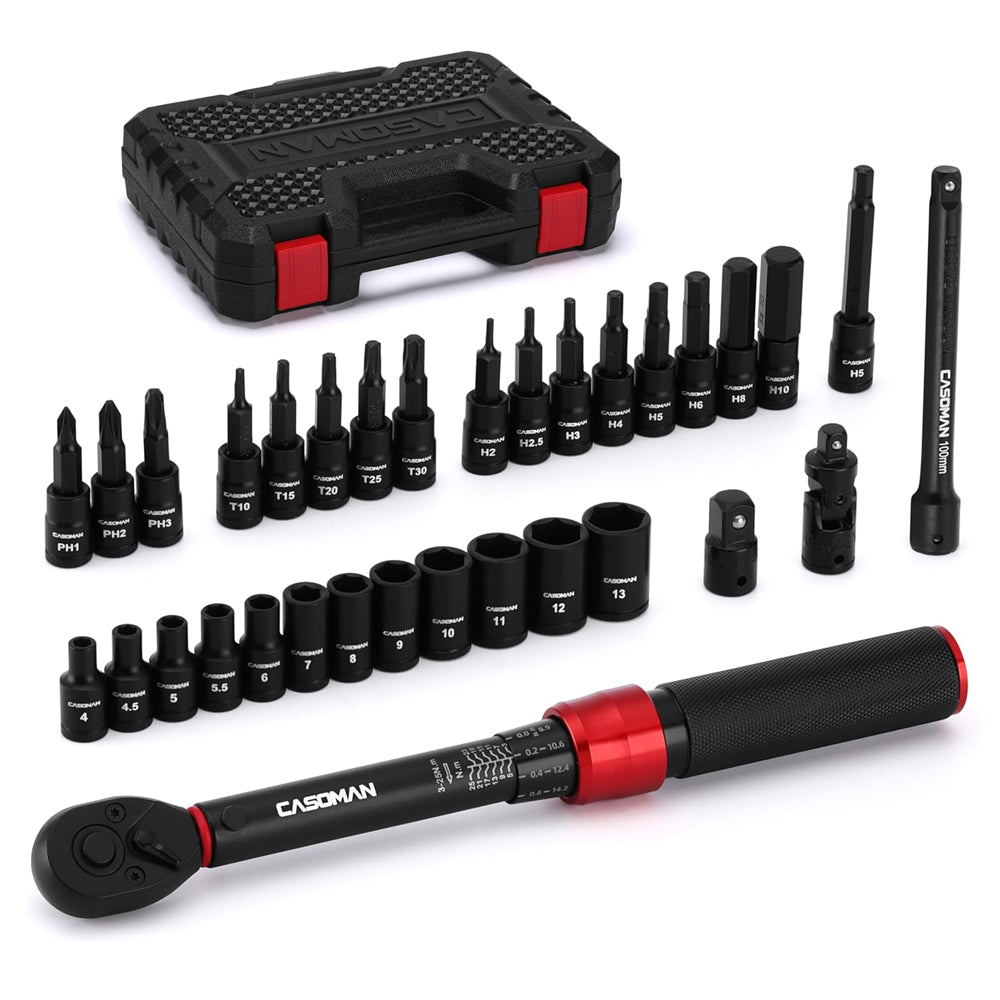CASOMAN 33-Piece 1/4" Drive Torque Wrench Set 3–25Nm Click Torque Wrench Cr-V Steel 72-Tooth Dual Direction Bicycle Car Motorcycle Maintenance Tool Kit UK