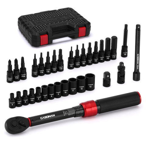 CASOMAN 33-Piece 1/4" Drive Torque Wrench Set 3–25Nm Click Torque Wrench Cr-V Steel 72-Tooth Dual Direction Bicycle Car Motorcycle Maintenance Tool Kit UK