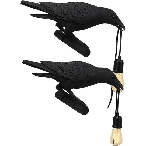 Set of 2 Black Birds Wall Lamps Resin Crow Desk LED Lamp E27 Base Modern Raven Art Deco Bedside Decor Plug in Cord Table Lamps for Bedroom, Office, College Dorm, Right Black Wall
