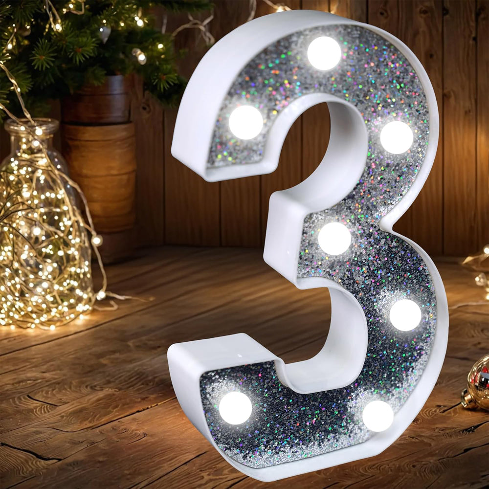 Number 3 Style LED Marquee Lamp, Silver Glitter Light Up Letter Sign, Battery Powered Tabletop Decorative Marquee Light with On/Off Switch for Wedding, Birthday, Party and Home Decor