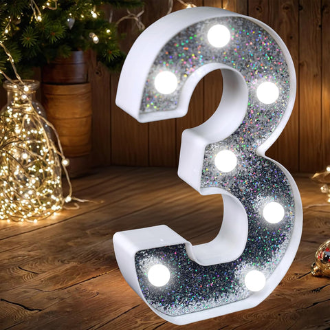 Number 3 Style LED Marquee Lamp, Silver Glitter Light Up Letter Sign, Battery Powered Tabletop Decorative Marquee Light with On/Off Switch for Wedding, Birthday, Party and Home Decor