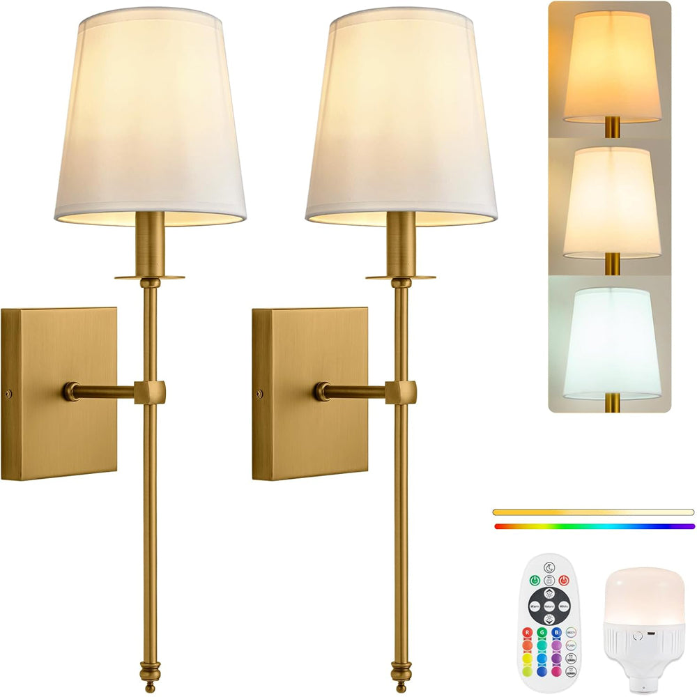 Wiress Battery Operated Wall Lights Set of 2, Rechargeable Wall Lights with Dimmable Light Bulb, Remoted Control, Wireless Lamp Fixture for Bedroom Living Hallway Gold