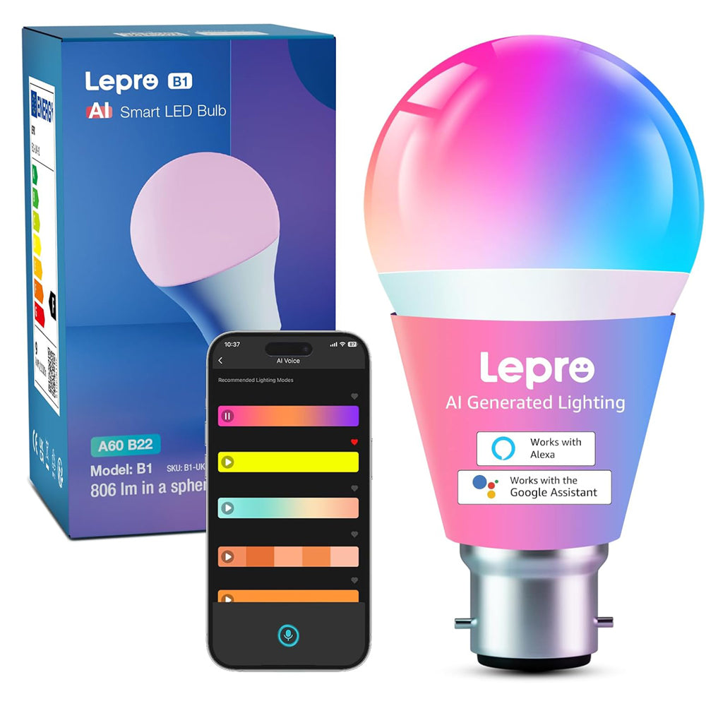 Lepro B22 AI Smart Bulb, Color Changing WiFi 806lm