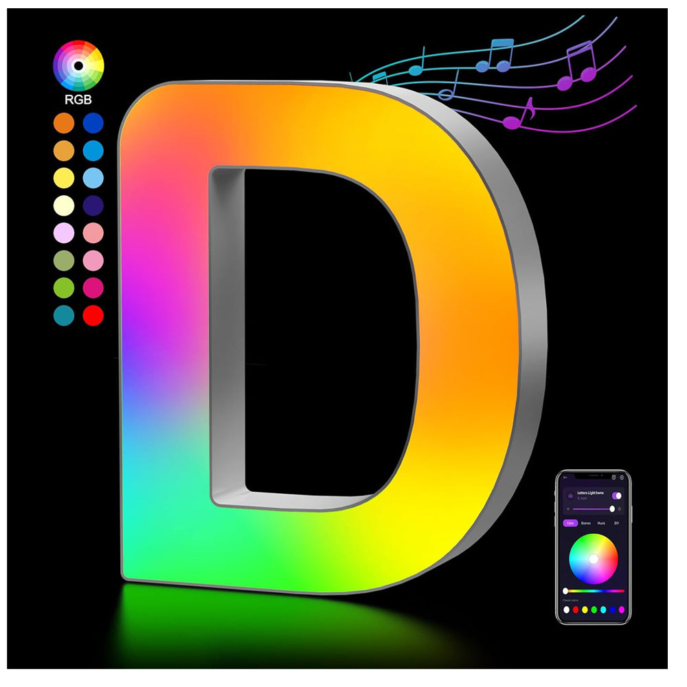 Light Up Letters USB Powered, LED Letter Lights Color Changing Alphabet Sign Gifts for Girls Women Party Birthday Decorations, APP Control, Night Light Christmas Valentine Wall Table Decor - D