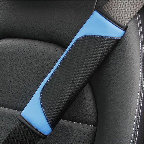 Car Seat Belt Cover Pads Blue Carbon Fiber Leather Set of 2