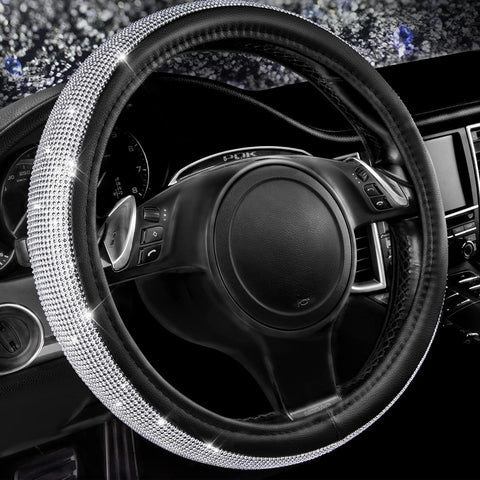Car Pass Bling Diamond Leather Steering Wheel Cover – Silver