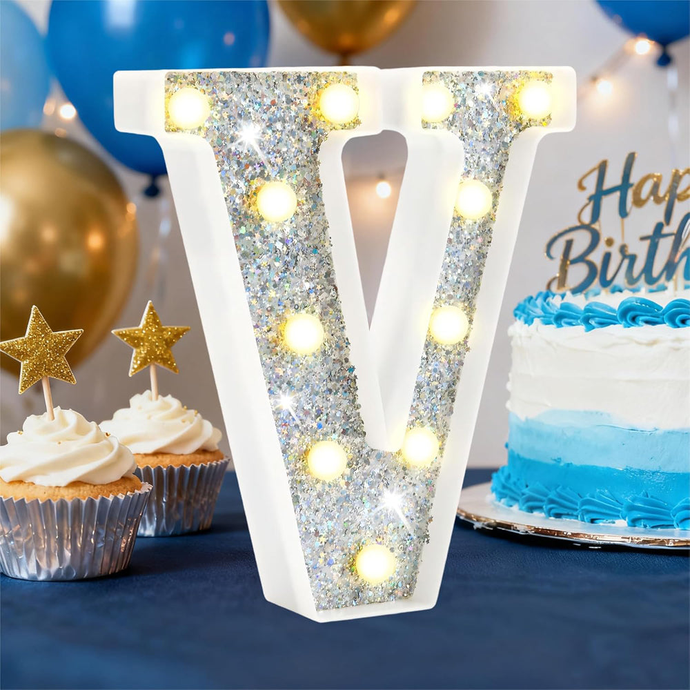LED Marquee Letter Lights, Light Up Silver Letters for Bedroom Glitter Gifts Teenage Girls Alphabet Sign Battery Powered Night Birthday Party Wedding Home Decoration, Silver V