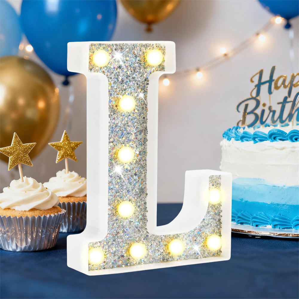 Silver Glitter LED Letter L – 8.86 Inch Marquee Light