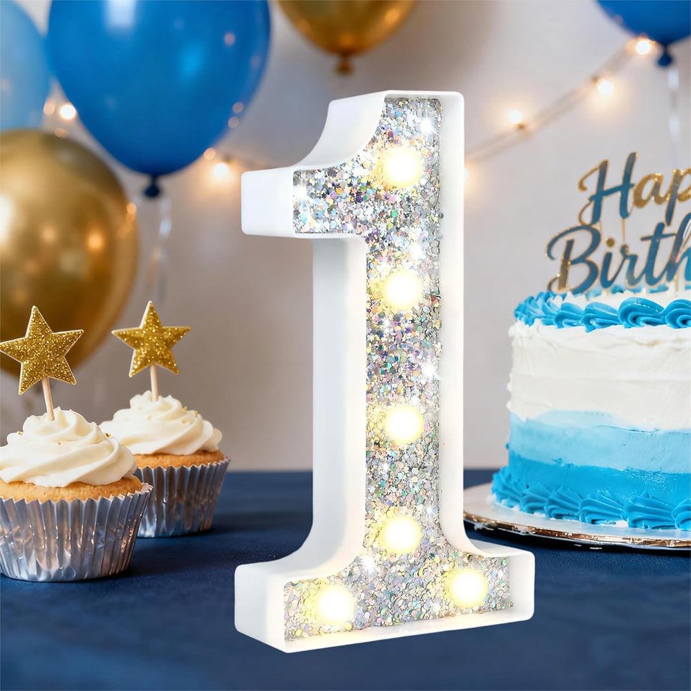 Silver Glitter Light Up Number 1 – 8.86 Inch LED Marquee Lights