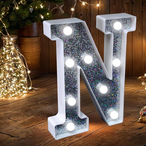 Letter N Style LED Marquee Lamp, Silver Glitter Light Up Letter Sign, Battery Powered Tabletop Decorative Marquee Light with On/Off Switch for Wedding, Birthday, Party and Home Decor