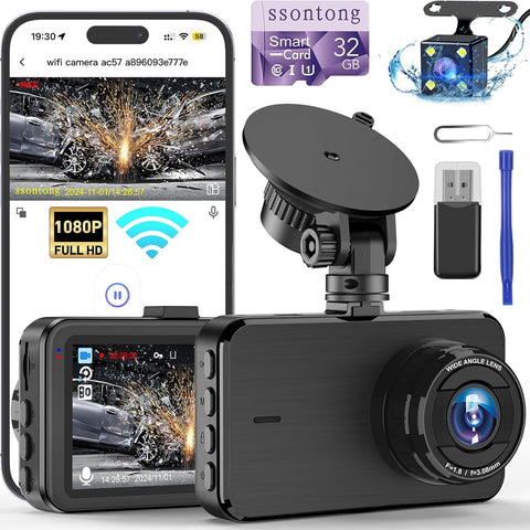 Dash Cam Front and Rear 1080P Dual Lens with WiFi & 32GB Card