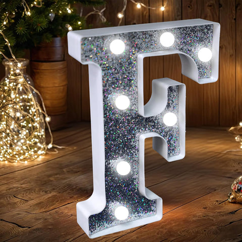 Letter F Style LED Marquee Lamp, Silver Glitter Light Up Letter Sign, Battery Powered Tabletop Decorative Marquee Light with On/Off Switch for Wedding, Birthday, Party and Home Decor