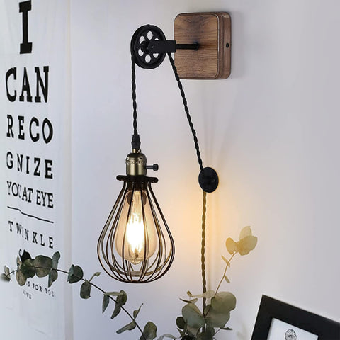 Industrial Plug In Cage Wall Lamp Pulley Sconce