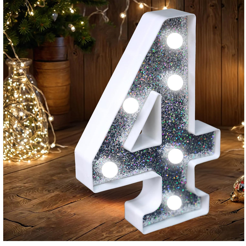 Number 4 Style LED Lamp, Silver Glitter Light Up Number Sign, Battery Powered Tabletop Decorative Number Light with On/Off Switch for Birthday Party, Wedding, Anniversary and Home Decor