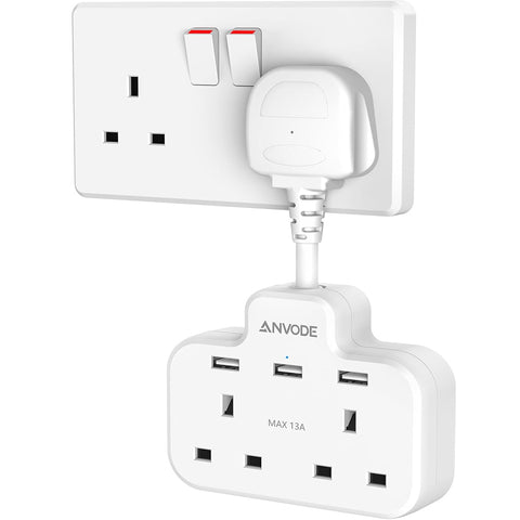 Double Plug Adaptor with USB, 2 Way Wall Adapter with Short Extension Lead, Multi Plug Socket Extender For Home Office (White)