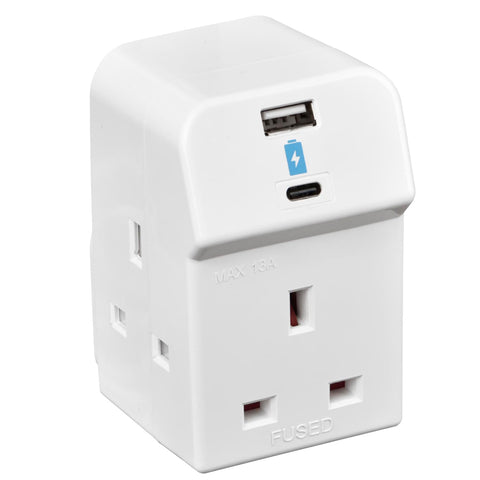 Three Socket Fused Wall Plug Adaptor with USB A & C Ports
