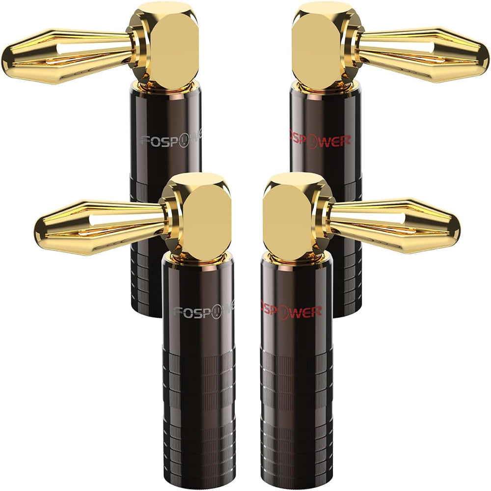 FosPower Right Angle Banana Plugs (2 Pairs / 4 pcs), Closed Screw 24K Gold Plated Banana Speaker Plug Connectors for Speaker Wire, Wall Plate, Home Theater, Audio/Video Receiver, and Sound Systems