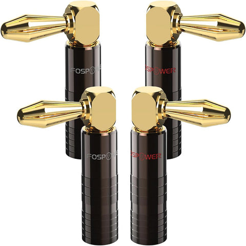 FosPower Right Angle Banana Plugs (2 Pairs / 4 pcs), Closed Screw 24K Gold Plated Banana Speaker Plug Connectors for Speaker Wire, Wall Plate, Home Theater, Audio/Video Receiver, and Sound Systems