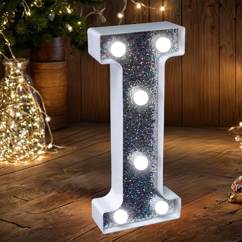 Letter I Style LED Marquee Lamp, Silver Glitter Light Up Letter Sign, Battery Powered Tabletop Decorative Marquee Light with On/Off Switch for Wedding, Birthday, Party and Home Decor