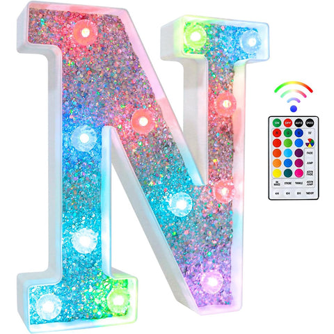 N Style Color Changing LED Letter Light, Glitter Marquee Lamp with 18 Colors, Remote Controlled, Battery Powered Decorative Letter Light for Party, Wedding, Birthday and Home Decor