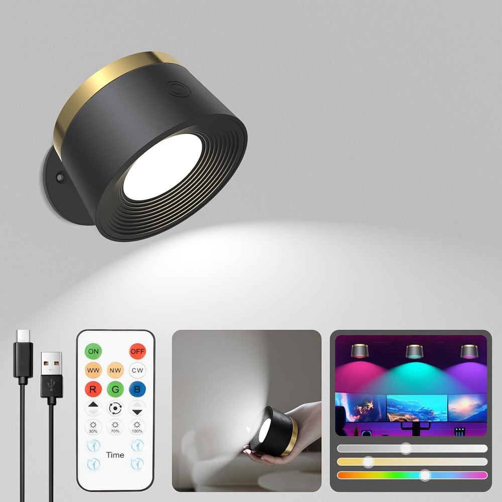Battery Operated Wall Lights, LED Rechargeable Wall Lights Indoor, 3500mAh Magnetic Wall Lamp with Remote, 3 Color Temperatures & 13 RGB & Dimmable 360° Free Rotation Sconces Wall Lighting