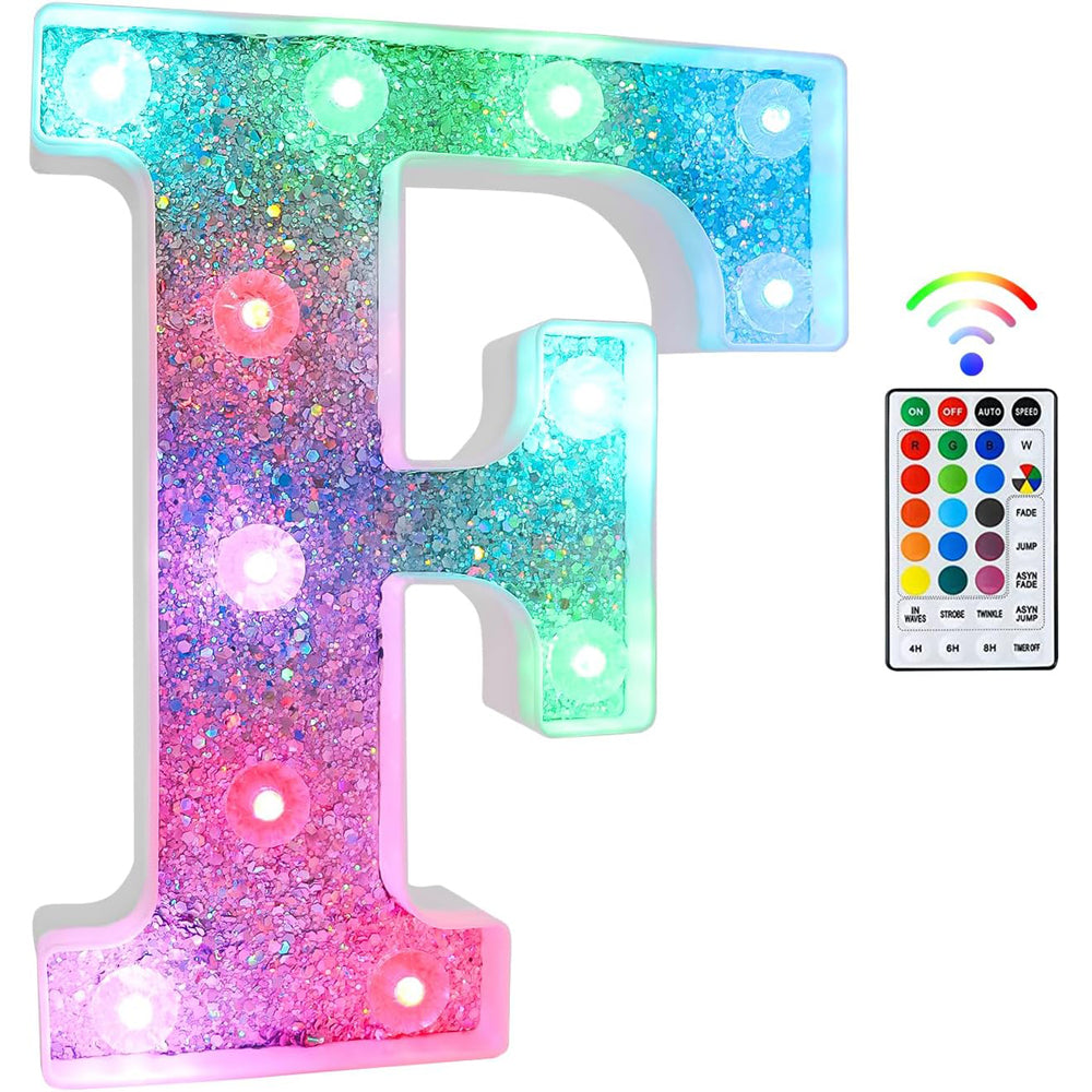 F Style Color Changing LED Letter Light, Glitter Marquee Lamp with 18 Colors, Remote Controlled, Battery Powered Decorative Letter Light for Party, Wedding, Birthday and Home Decor