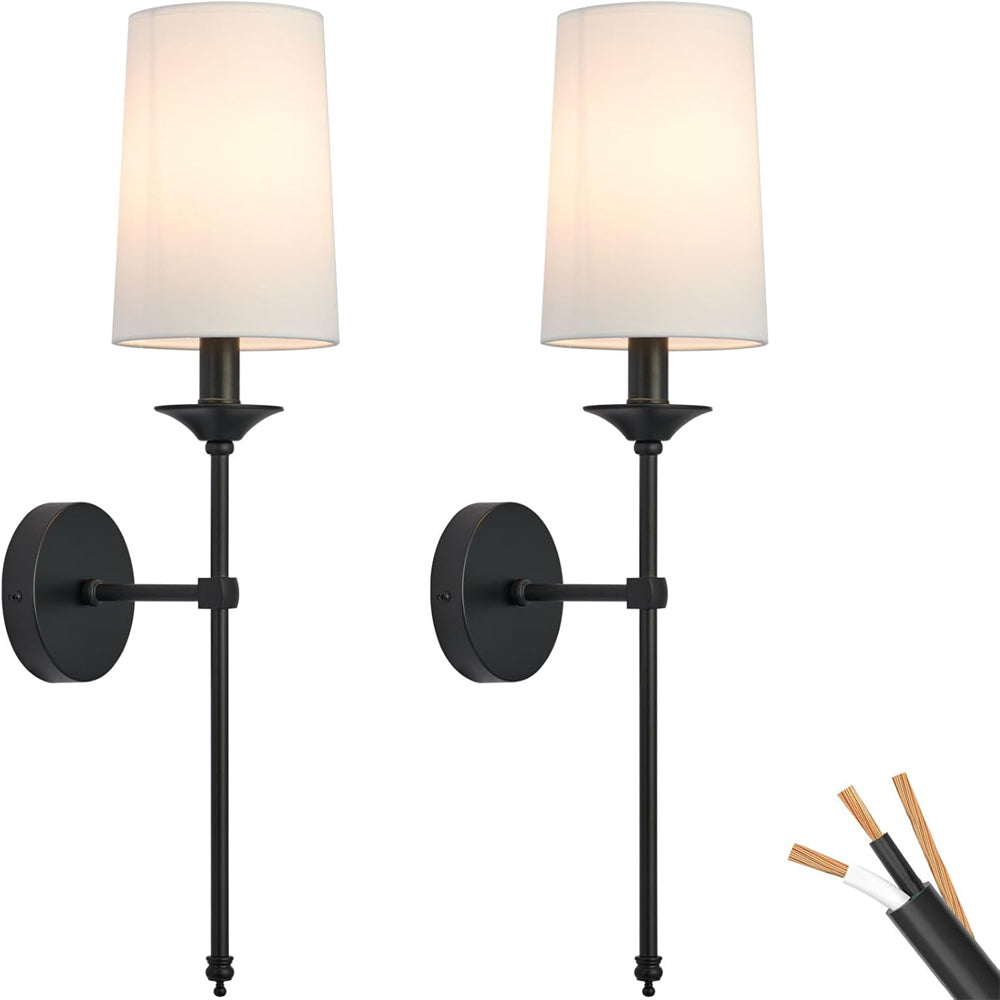 Hardwired Wall Light Set of 2 Vintage Black Candlestick Wall Sconces with Fabric Shade, Vintage Farmhouse Lighting for Bathroom Living Room Bedroom Dining Hallway