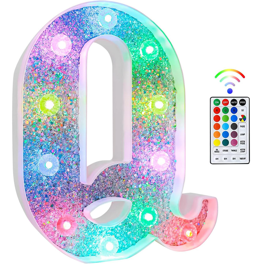 Q Style Color Changing LED Letter Light, Glitter Marquee Lamp with 18 Colors, Remote Controlled, Battery Powered Decorative Letter Light for Party, Wedding, Birthday and Home Decor