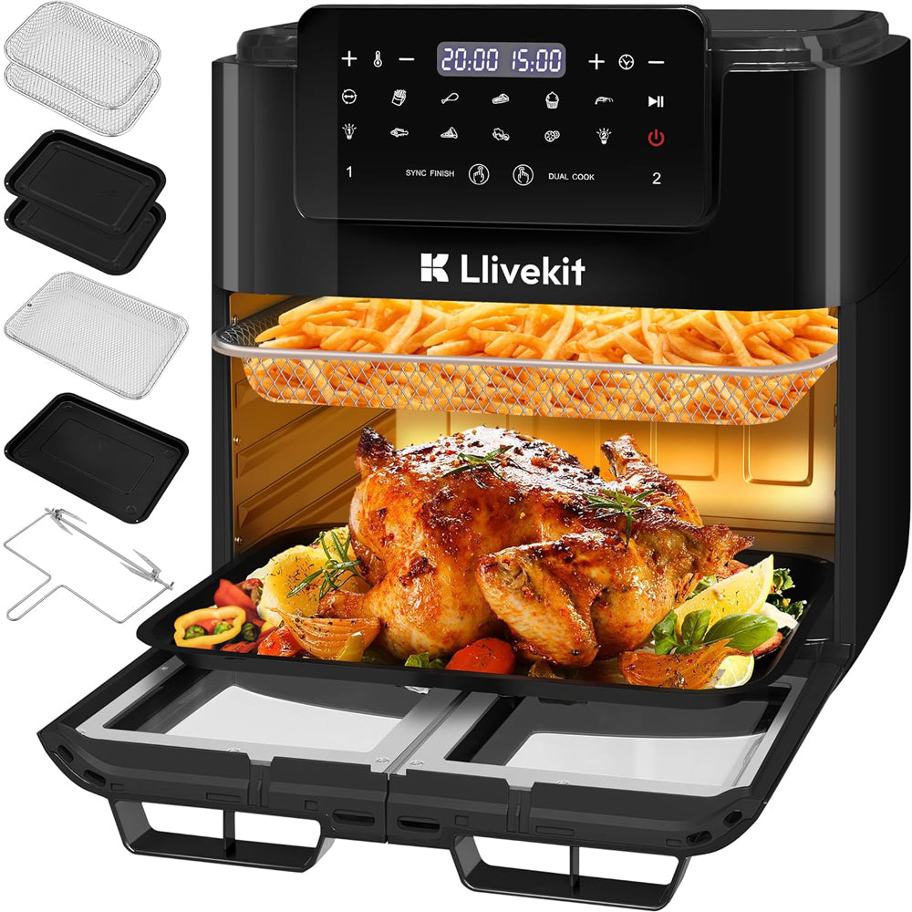 LLIVEKIT 15L Dual Air Fryer Oven – 2600W, 12-in-1, Rotisserie, SYNC Finish & Dual Cook, 8 Accessories, LED Touch Screen