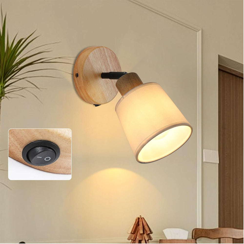 Wood Vintage Wall Light with Switch E27 Fabric Shade