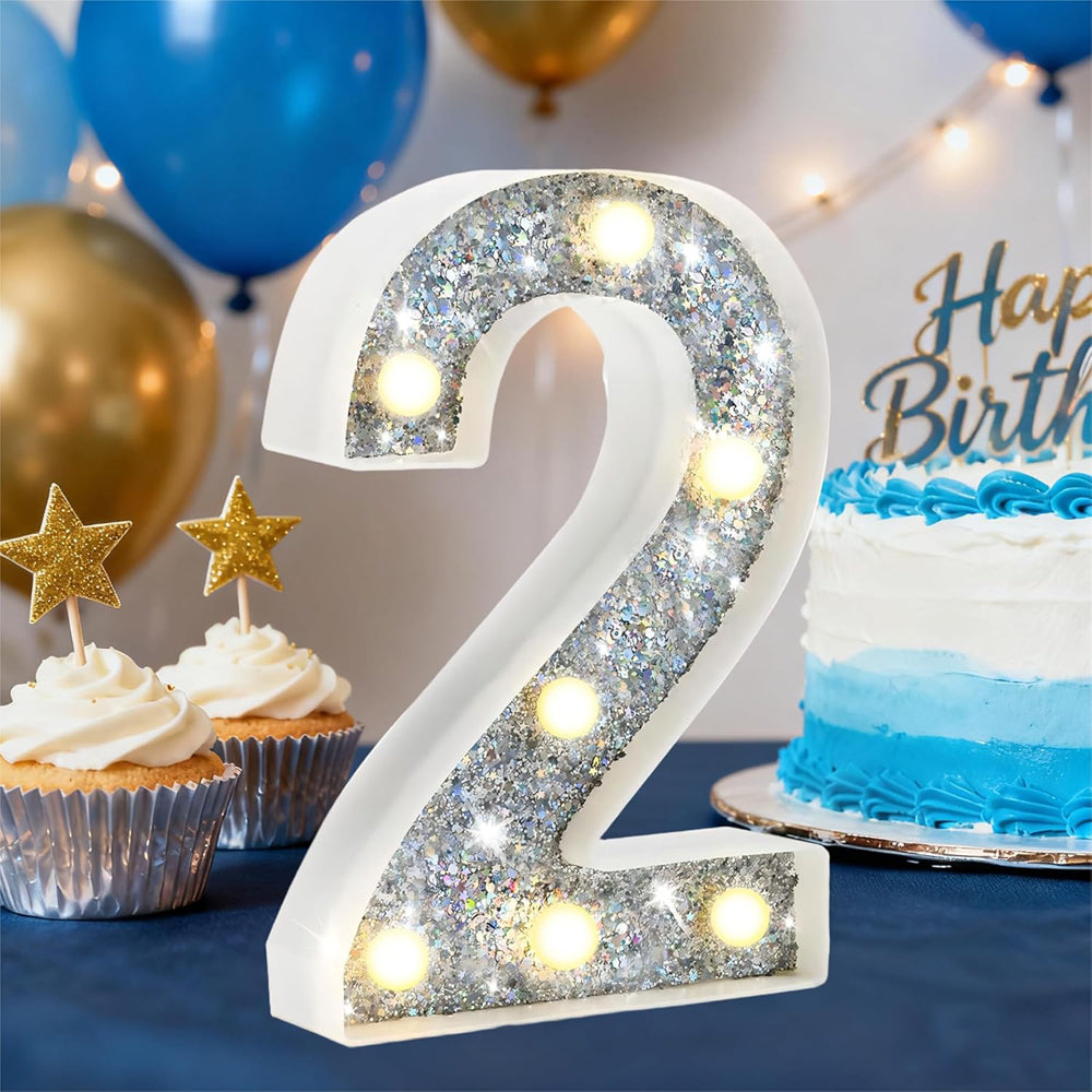 Silver Glitter Light Up Number 2 – 8.86 Inch LED Marquee Lights