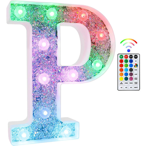 P Style Color Changing LED Letter Light, Glitter Marquee Lamp with 18 Colors, Remote Controlled, Battery Powered Decorative Letter Light for Party, Wedding, Birthday and Home Decor