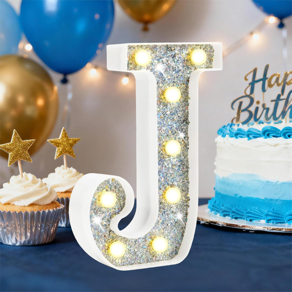 LED Letter Light Silver J - Battery Powered Night Light