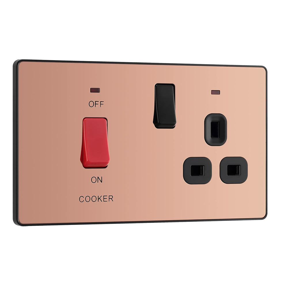 BG Electrical Cooker Switch with Socket and LED, Cooker Control Unit, Control Socket, Double Pole, Screwless Front Plate, Evolve, Polished Copper, 45A, PCDCP70B