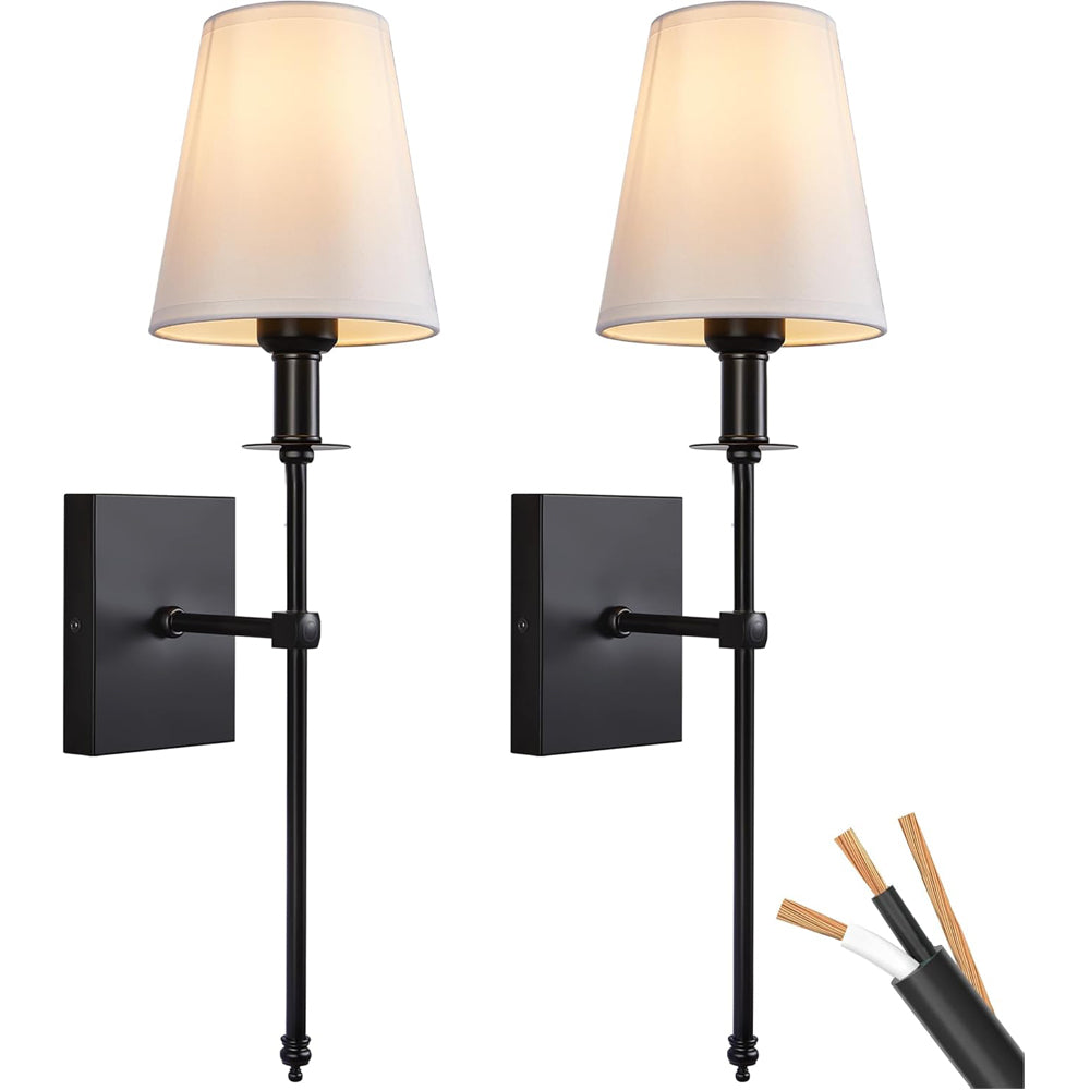 Hardwired Wall Light Set of 2 Black Wall Sconces with Fabric Shade, Vintage Farmhouse Lighting for Bathroom Living Room Bedroom Dining Hallway (E27, 230V)