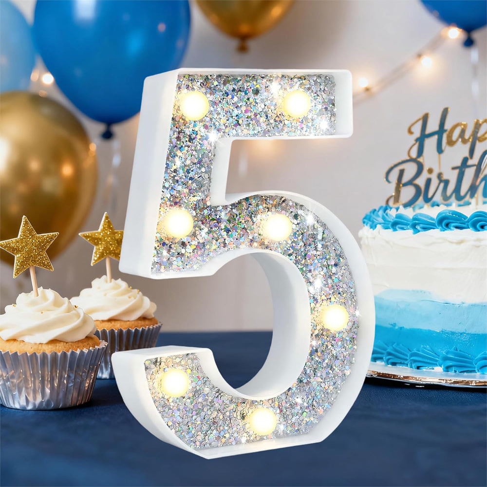 Silver Glitter LED Number Light – 8.86 Inch Marquee Number 5