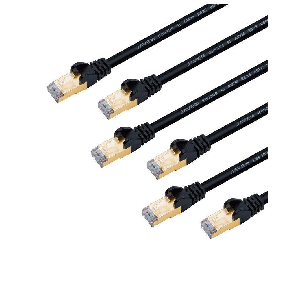 JAVEX Cat6A/Cat7 Ethernet Patch Cable 1.5M 5-Pack S/STP Black 10Gbps 600MHz RJ45 Gold Plated UL Listed High Speed Network LAN Cable UK